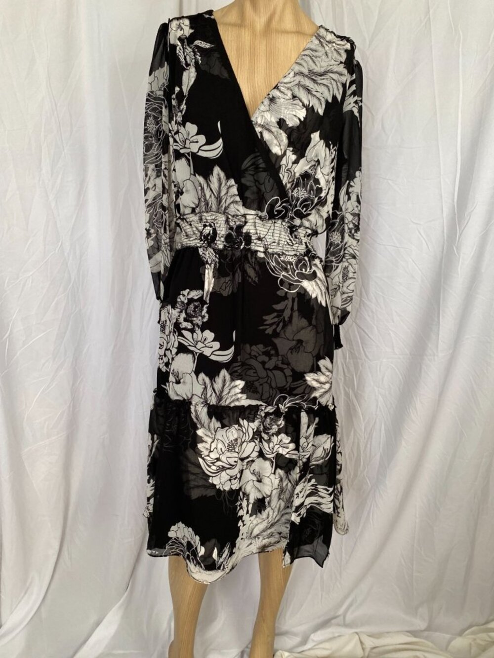 Black & White Floral Print Long Sleeve Wrap Dress With Smocked Waist And Tiered